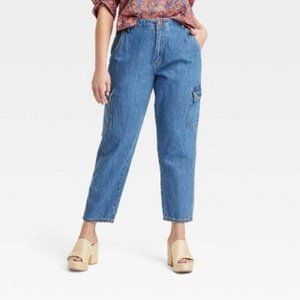 Mid Rise Baggy Boyfriend Cargo Blue Denim